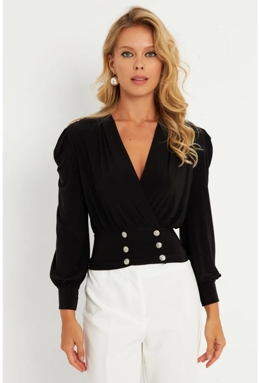 Kadın Siyah Düğme Detaylı Kruvaze Bluz ELT3188