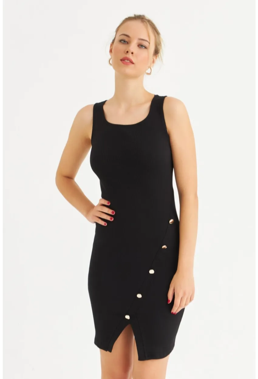 Kadın Siyah Düğme Detaylı Midi Elbise URO1111