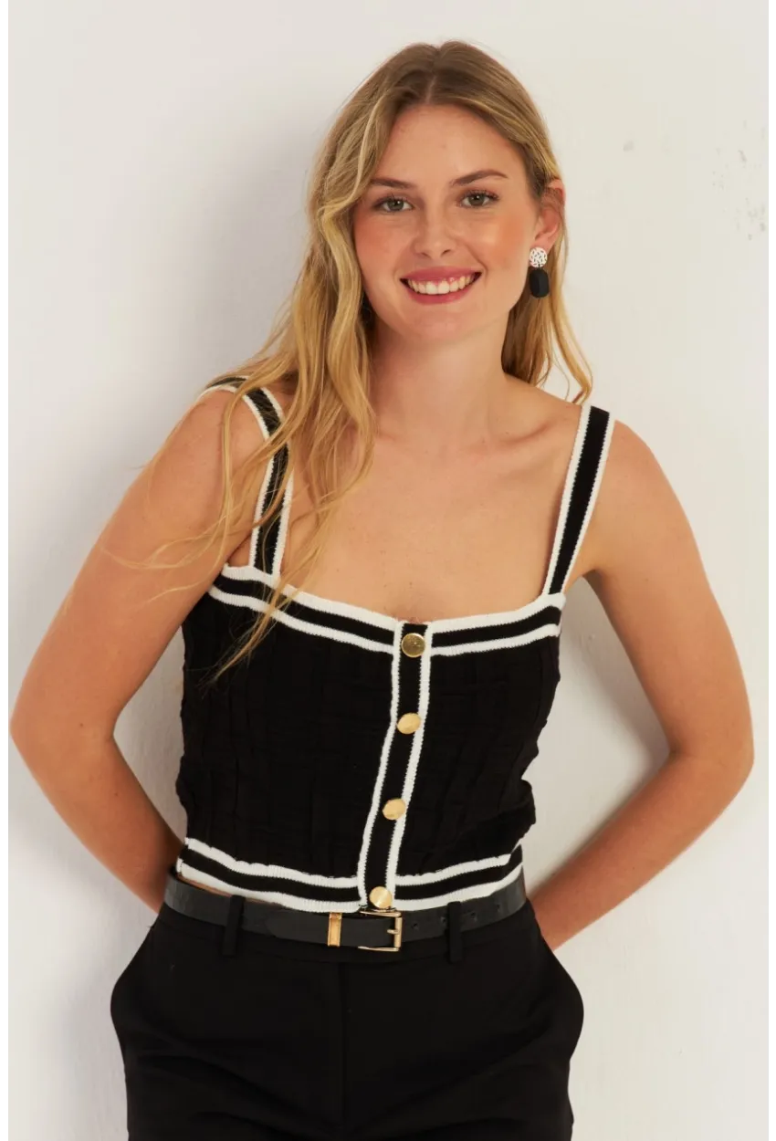 Kadın Siyah Düğme Detaylı Triko Crop Bluz MSS134