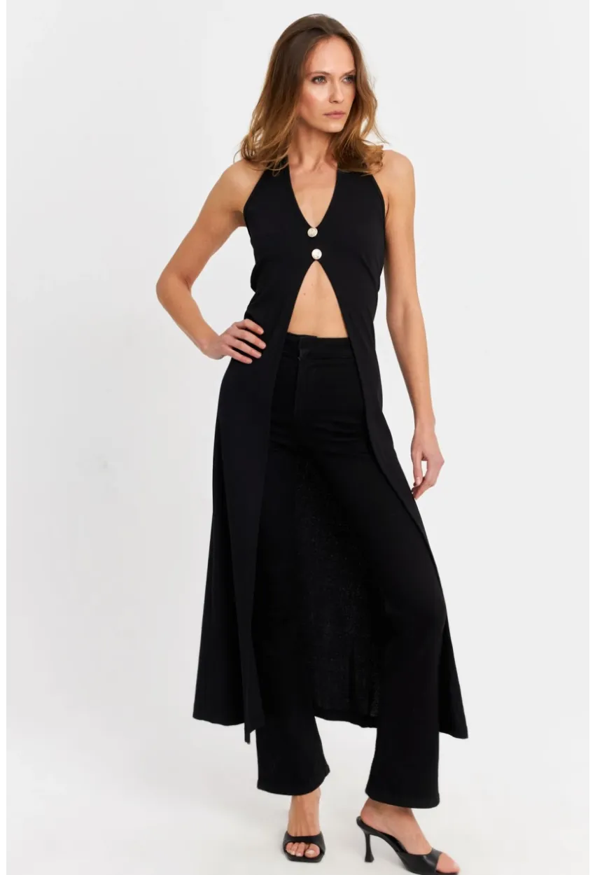 Kadın Siyah Düğme Detaylı Uzun Yelek EY3048