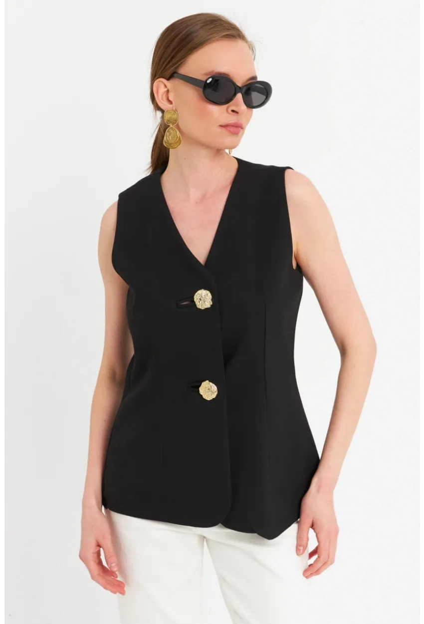 Kadın Siyah Düğme Detaylı Yelek CAR1152