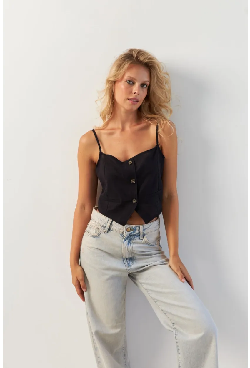 Kadın Siyah Düğmeli İp Askılı Yelek MP20153