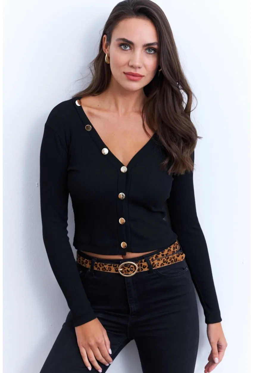 Kadın Siyah Düğmeli Kısa Hırka EY2952