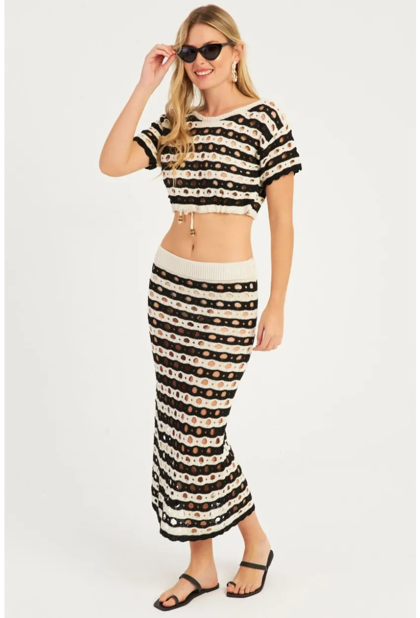 Kadın Siyah-Ekru Ajurlu Alt Üst Takım  MZU600