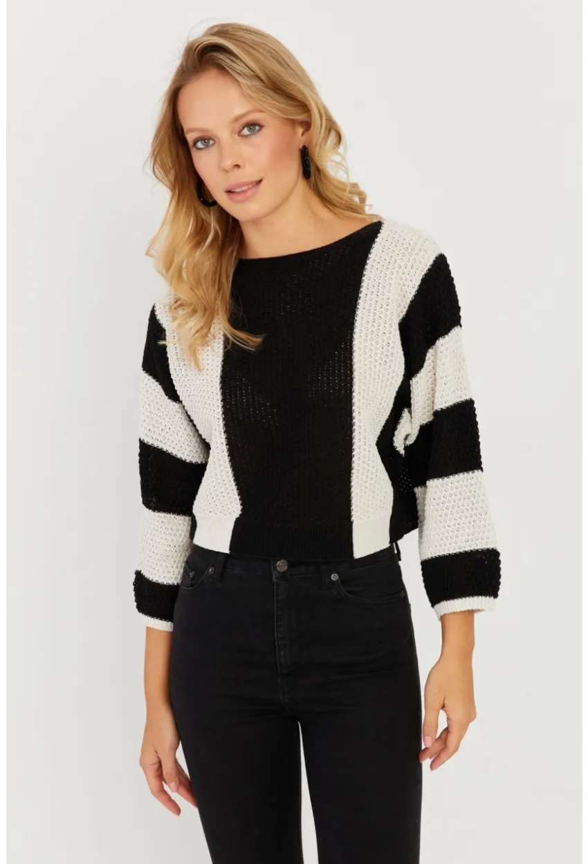 Kadın Siyah-Ekru Ajurlu Triko Kazak YV218