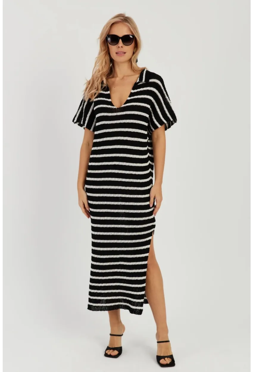 Kadın Siyah-Ekru Ajurlu Triko Midi Elbise YZ622