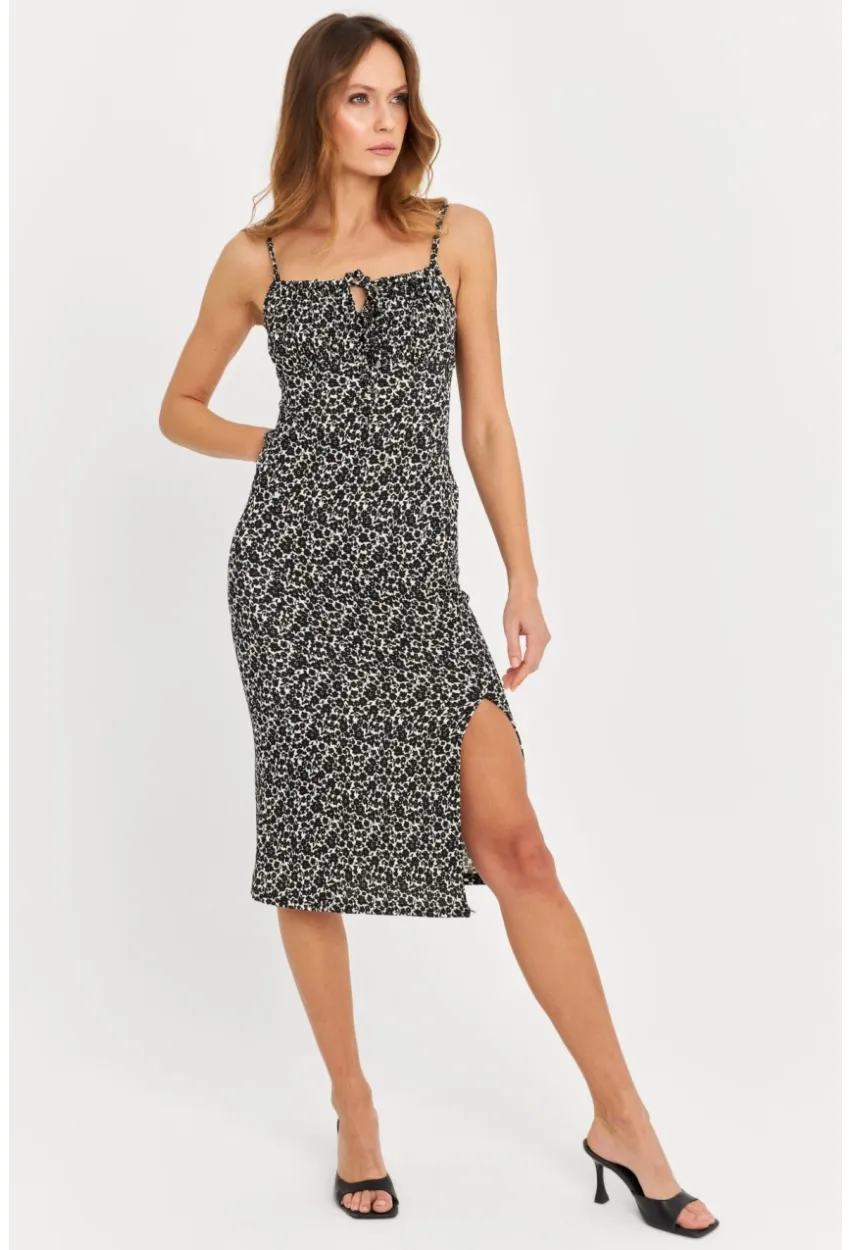 Kadın Siyah-Ekru Askılı Bürümcük Midi Elbise KAB302