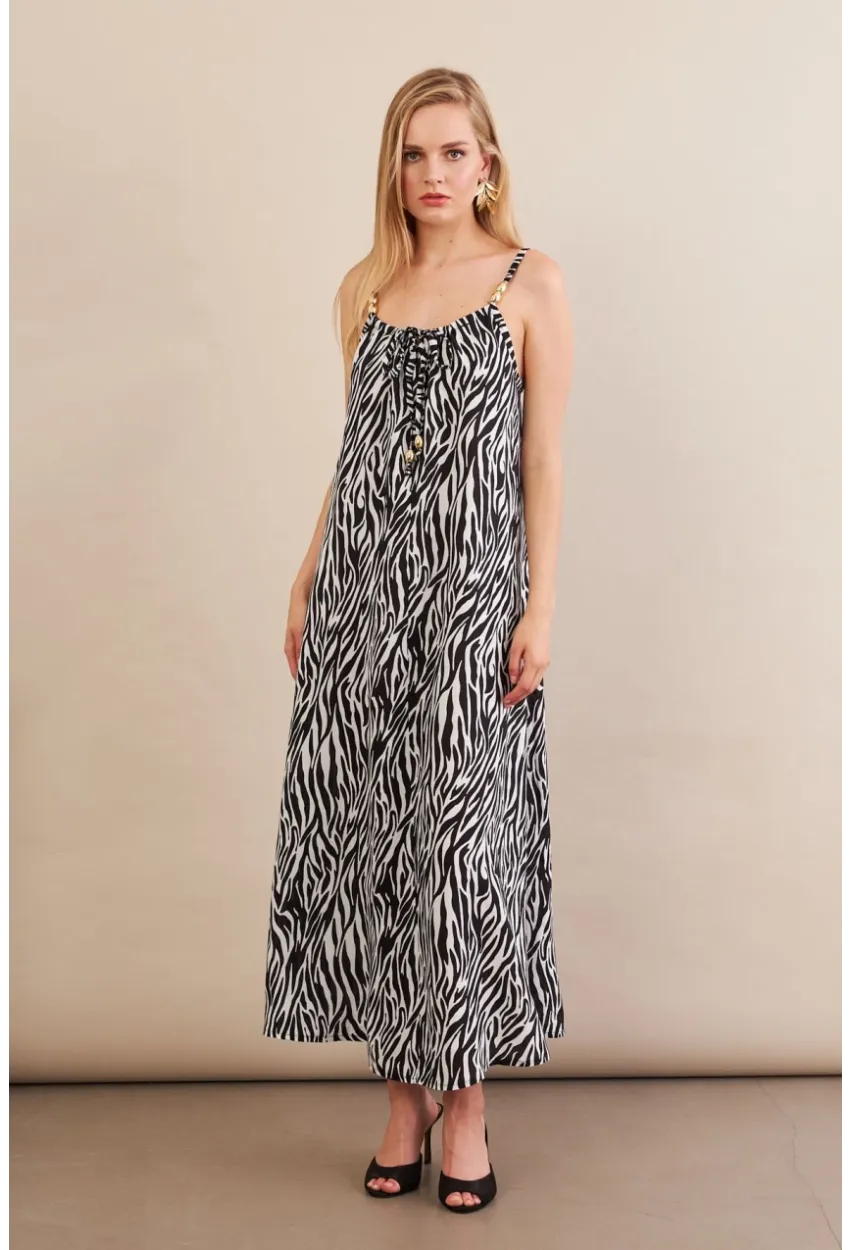 Kadın Siyah-Ekru Boyun Bağlamalı Midi Elbise AN6005