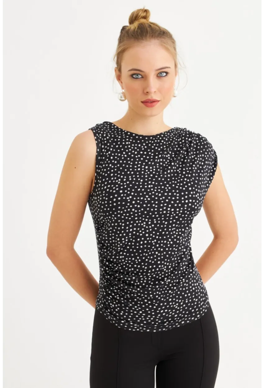 Kadın Siyah-Ekru Büzgülü Desenli Bluz EY3085