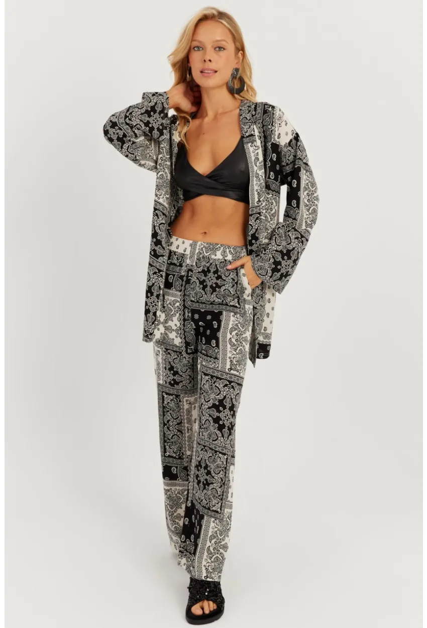 Kadın Siyah-Ekru Desenli Kimono Takım GÇ156