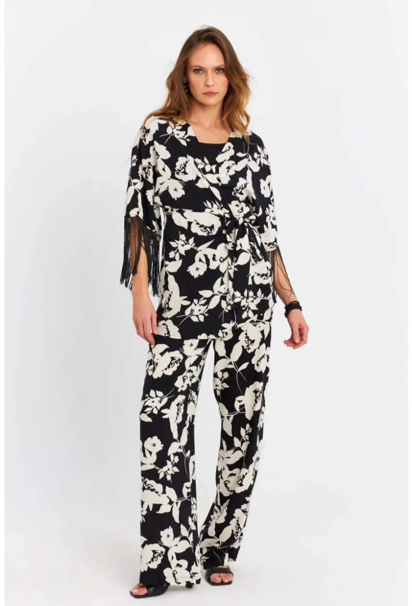 Kadın Siyah-Ekru Desenli Kimono Takım MELT1031