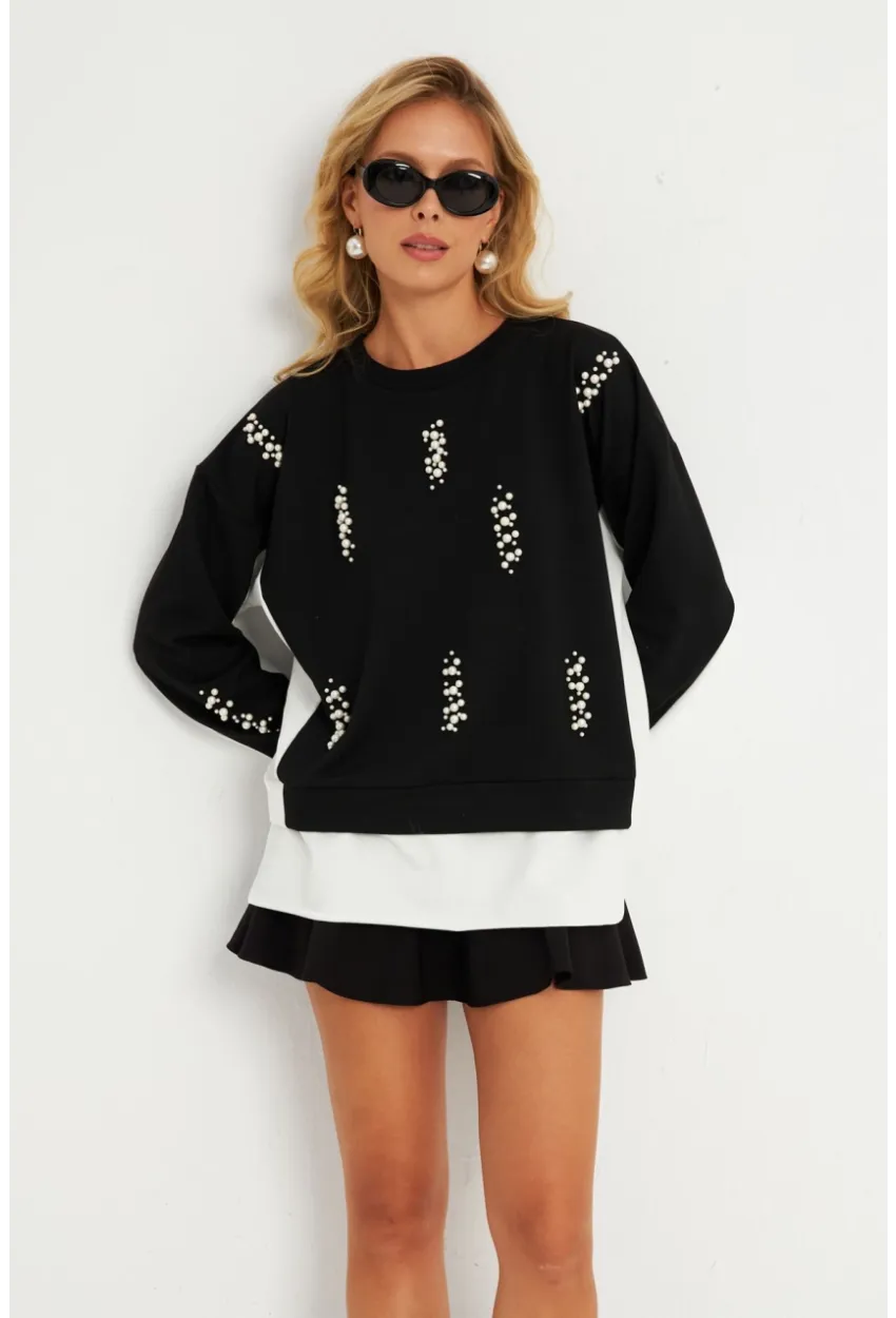 Kadın Siyah-Ekru İncili Sweatshirt MRLO01