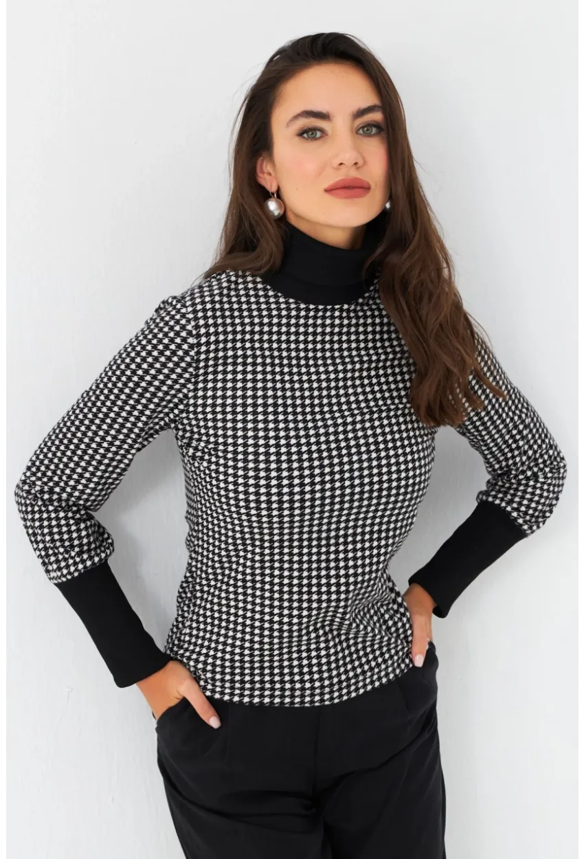 Kadın Siyah-Ekru Kazayağı Balıkçı Bluz EY2972