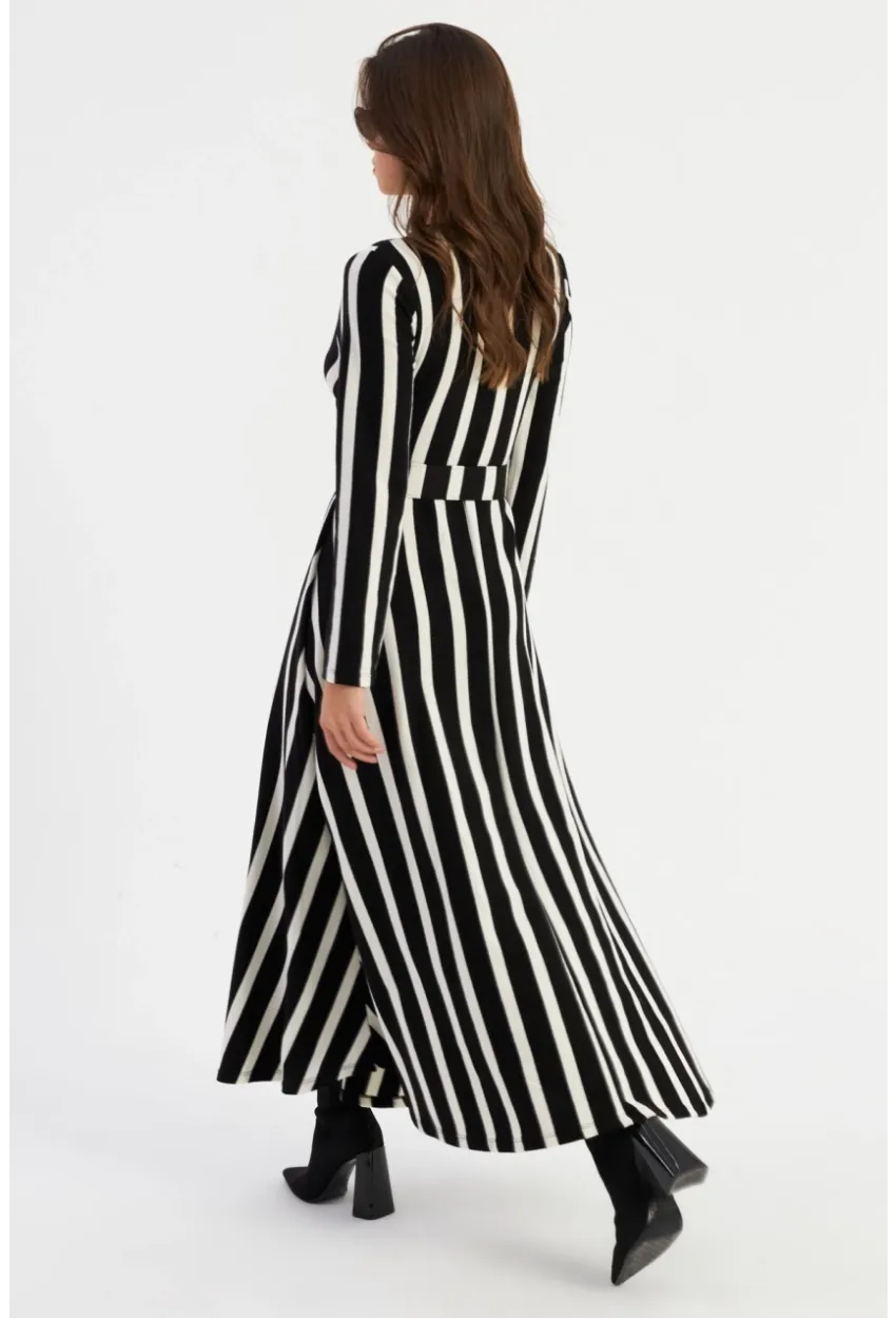 Kadın Siyah-Ekru Kruvaze Kemerli Maxi Elbise MVTN4