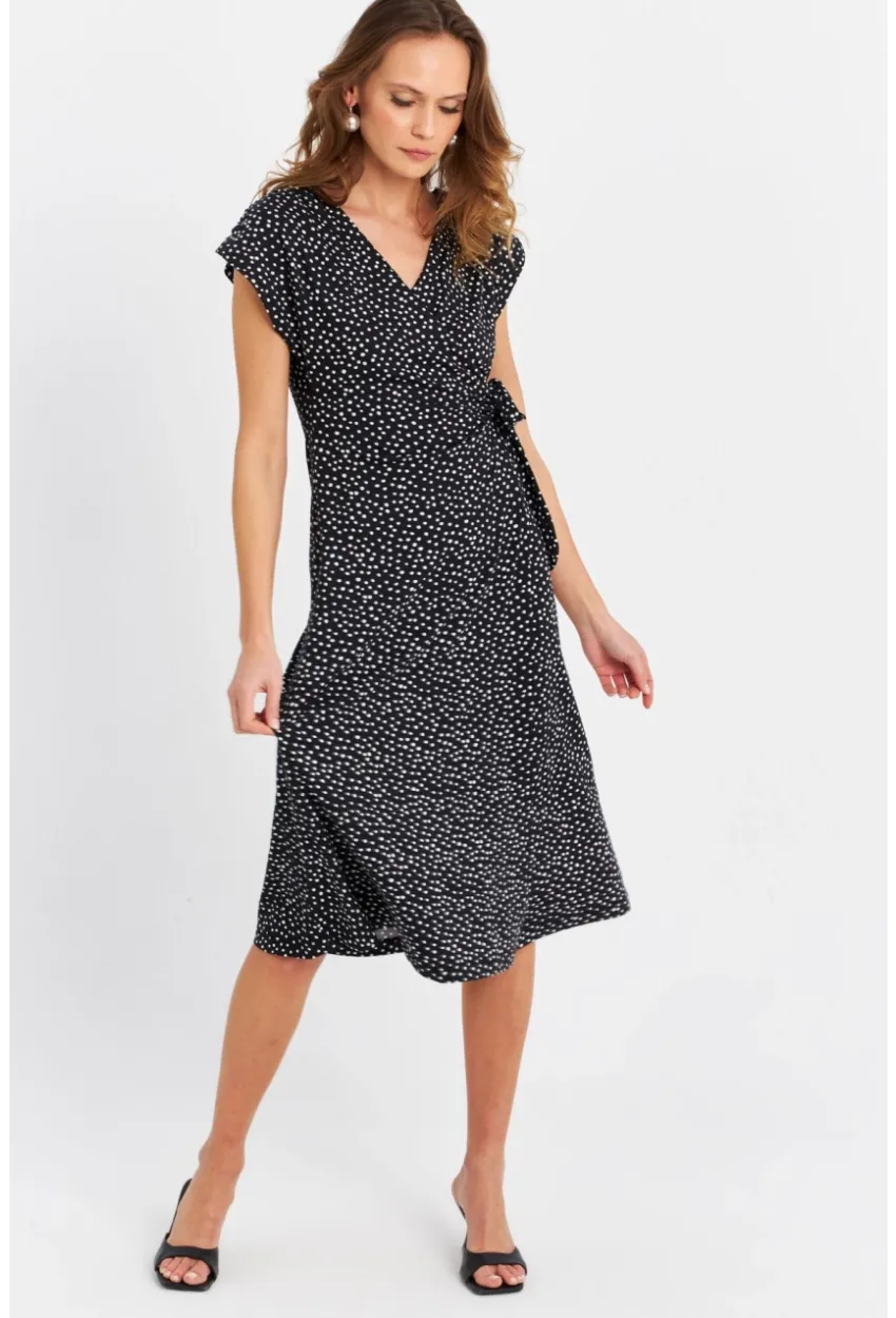Kadın Siyah-Ekru Kruvaze Puantiyeli Midi Elbise EY3071