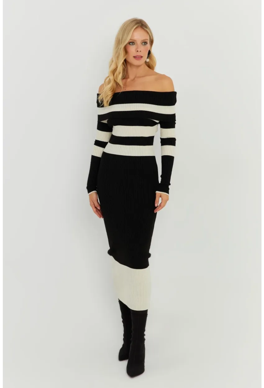 Kadın Siyah-Ekru Madonna Çizgili Triko Midi Elbise KED143