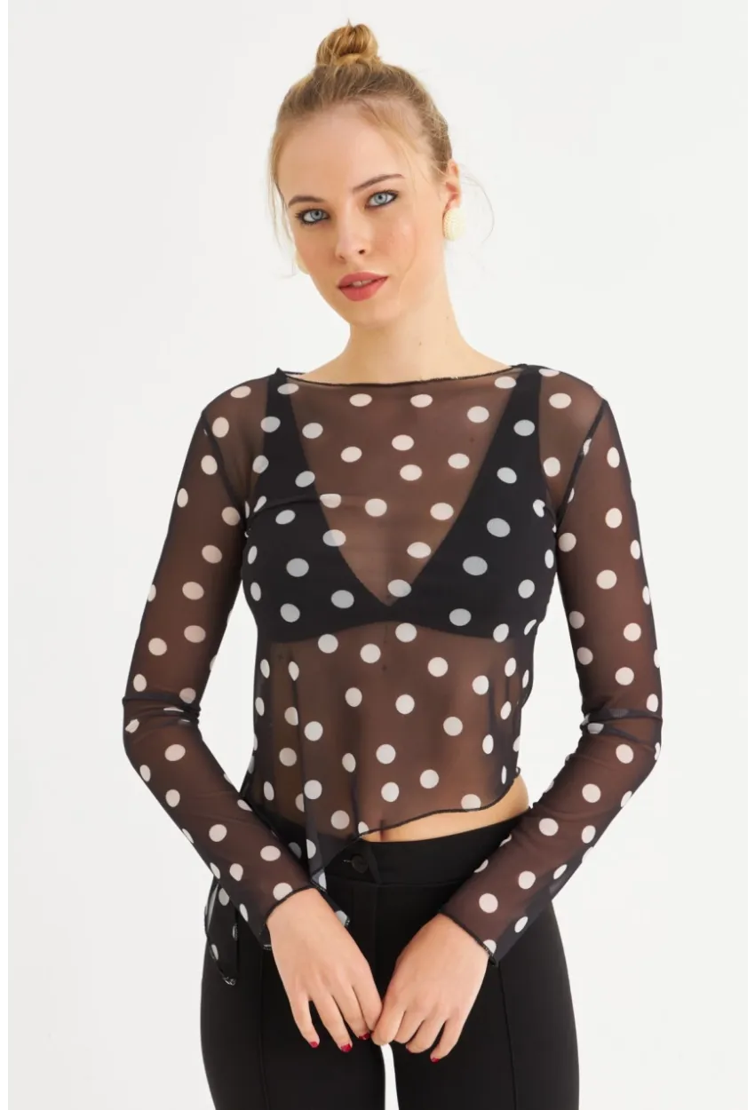 Kadın Siyah-Ekru Puantiyeli Tül Bluz RSP1740