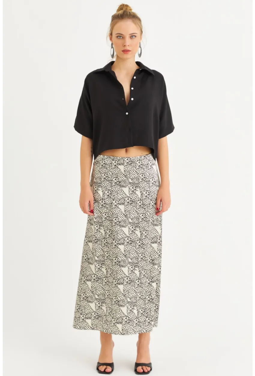 Kadın Siyah-Ekru Saten Midi Etek FİR1970