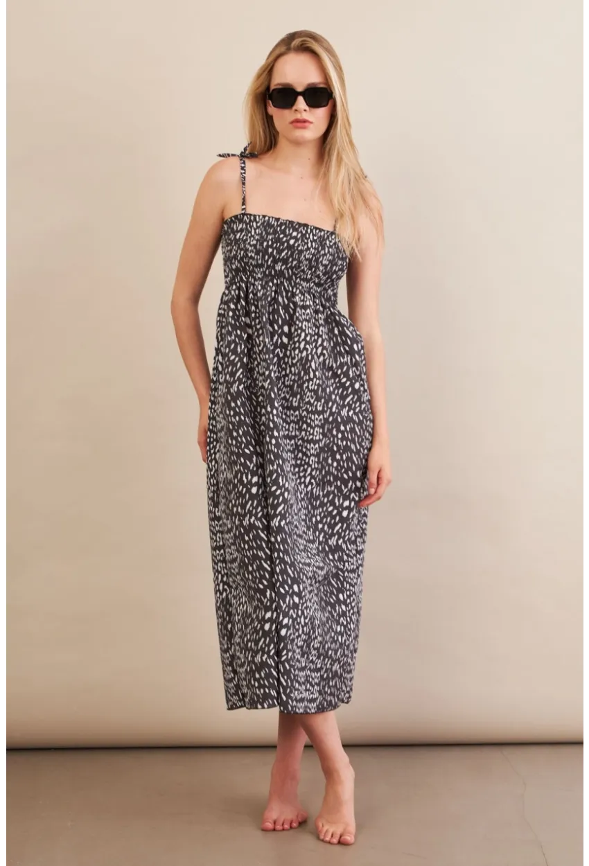 Kadın Siyah-ekru Straplez Çizgili Plaj Elbisesi