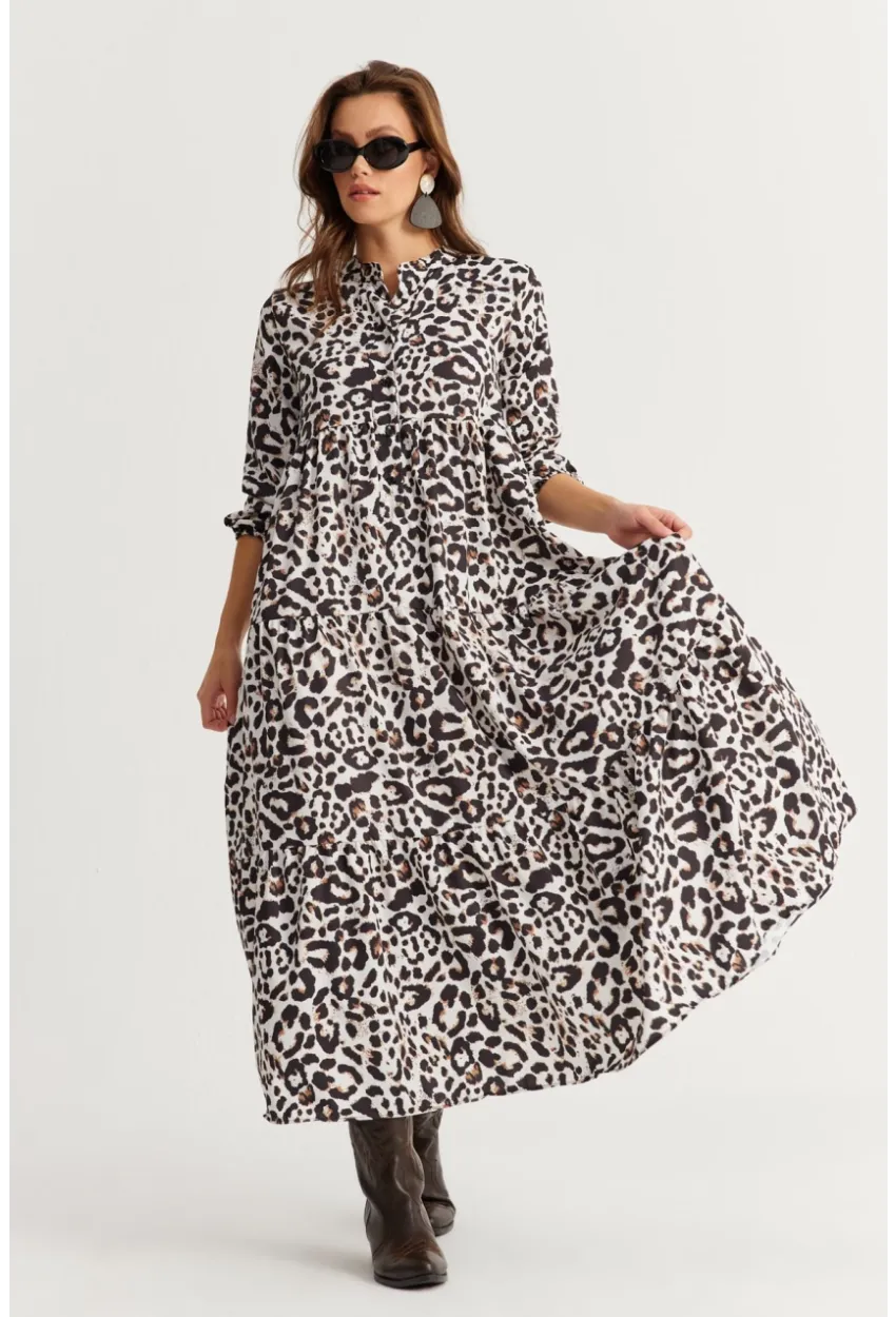 Kadın Siyah-Ekru Volanlı Desenli Maxi Elbise YLE14