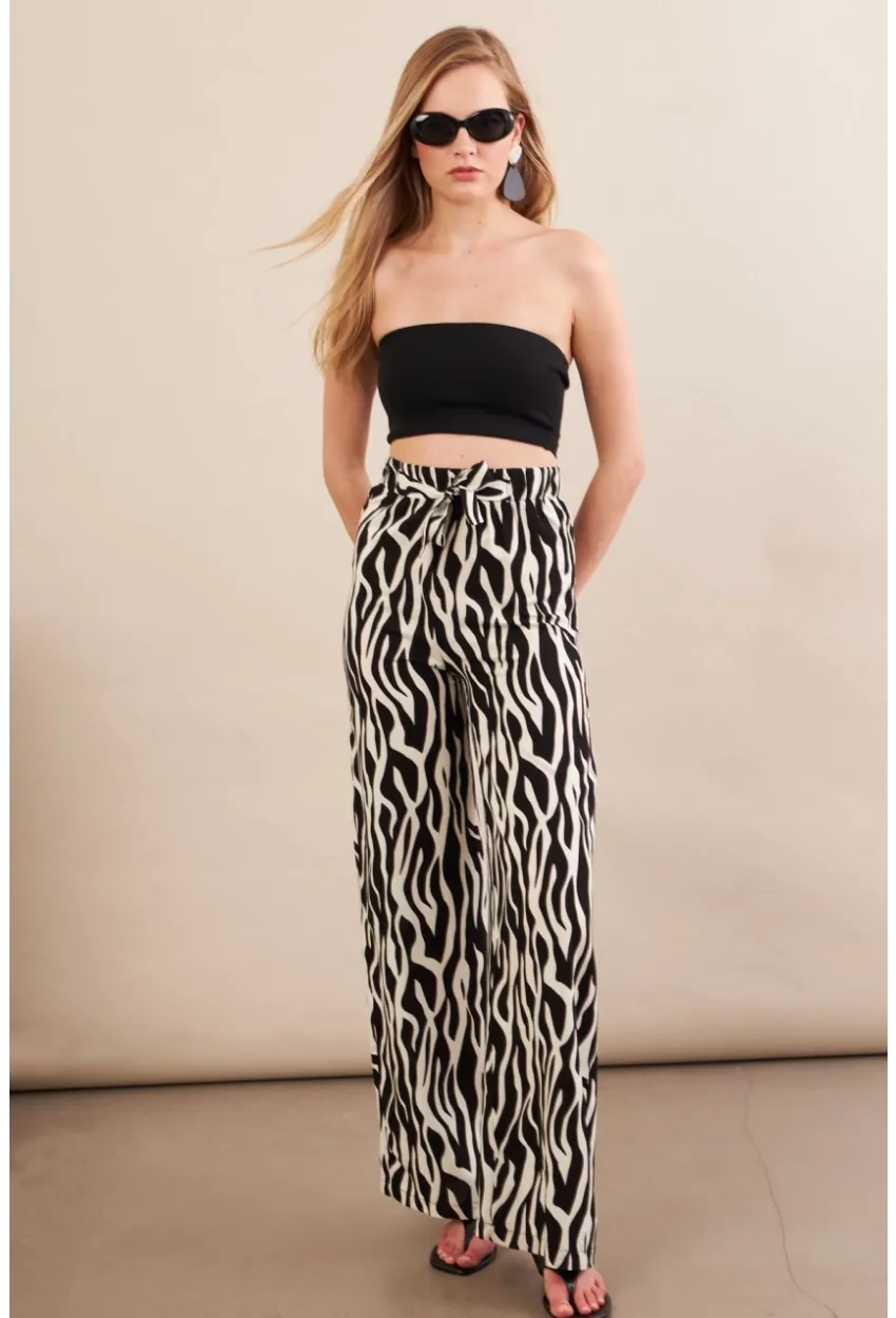 Kadın Siyah-Ekru Zebra Desenli Yüksel Bel Pantolon PİK50
