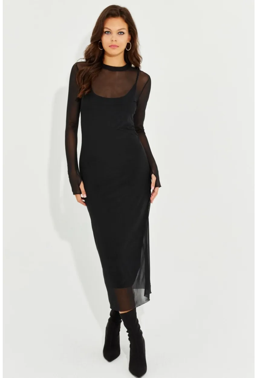 Kadın Siyah Eldivenli İkili Midi Tül Elbise MEN2006