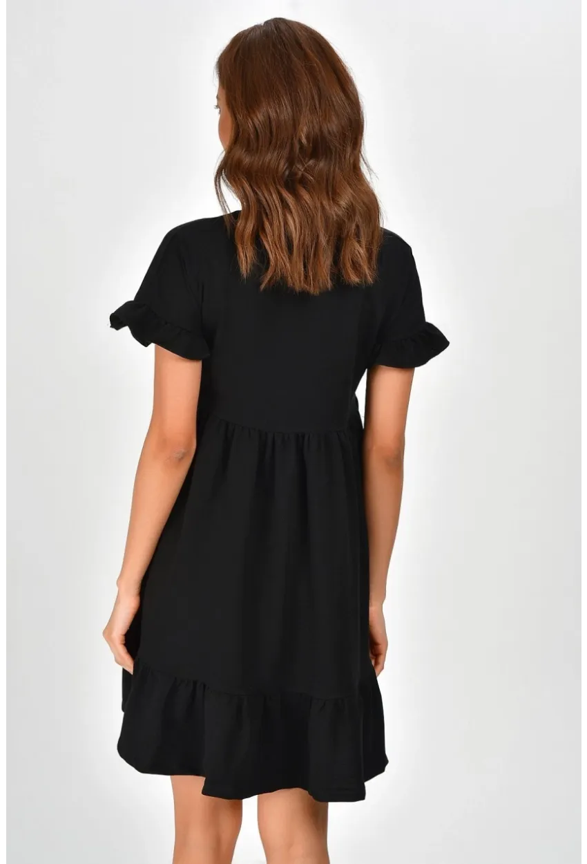 Kadın Siyah Eteği Volanlı Bisiklet Yaka Elbise B85