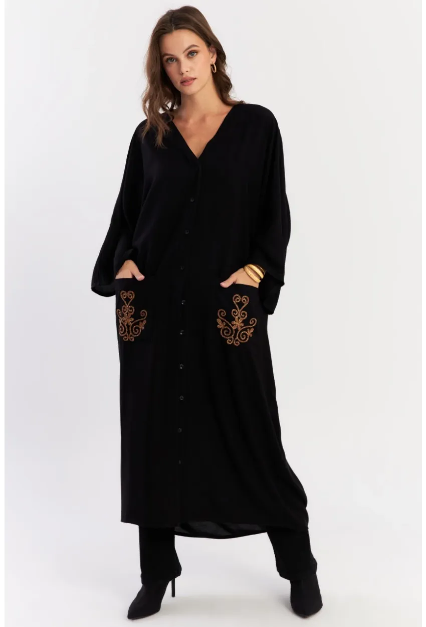 Kadın Siyah Etnik Desenli Maxi Dokuma Elbise ALO318