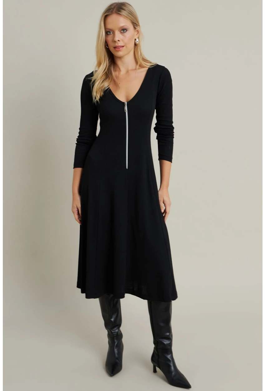 Kadın Siyah Fermuar Detaylı Midi Elbise EY3005