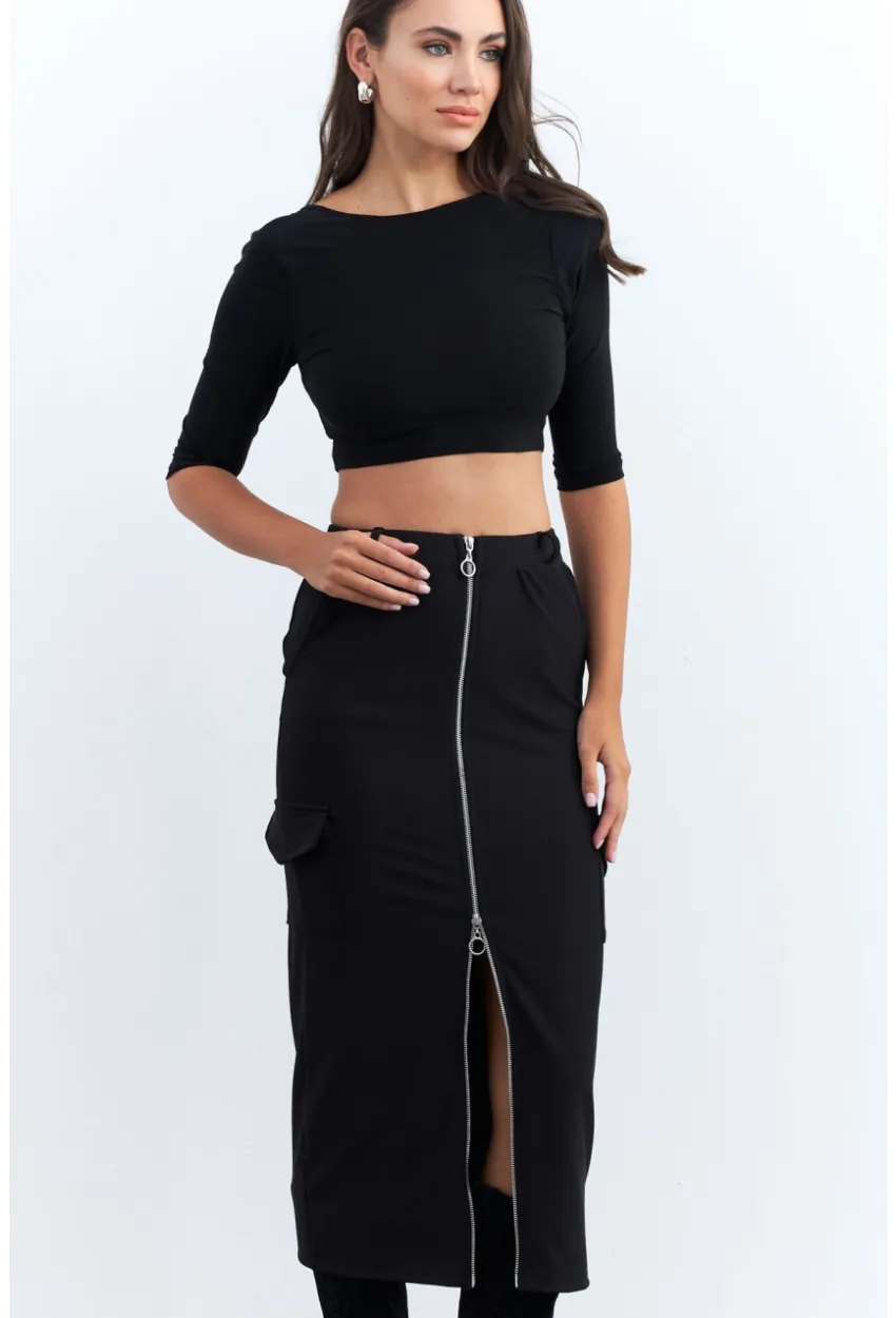 Kadın Siyah Fermuarlı Cepli Midi Etek ELT3999