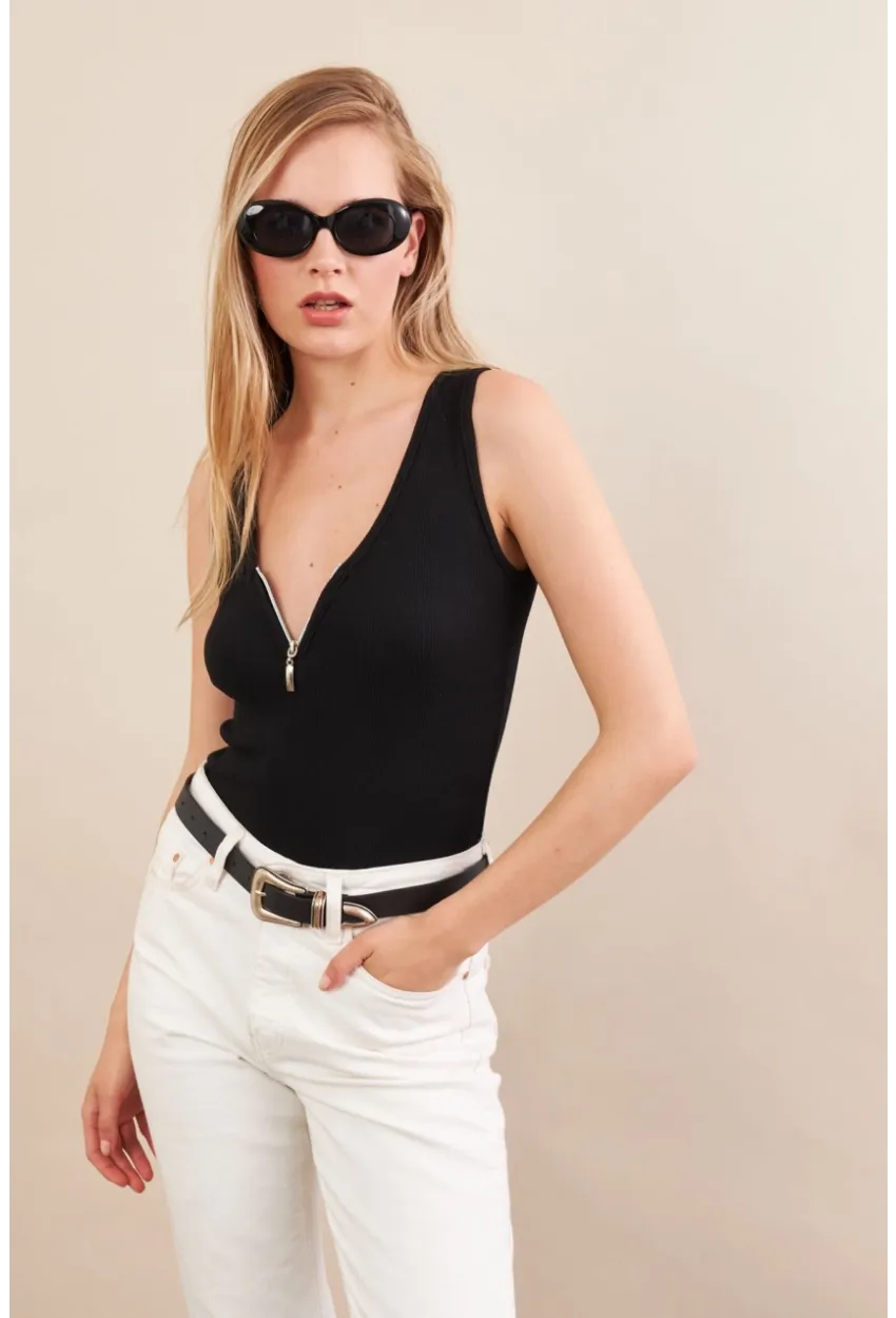 Kadın Siyah Fermuarlı Kaşkorse Bluz EY3106
