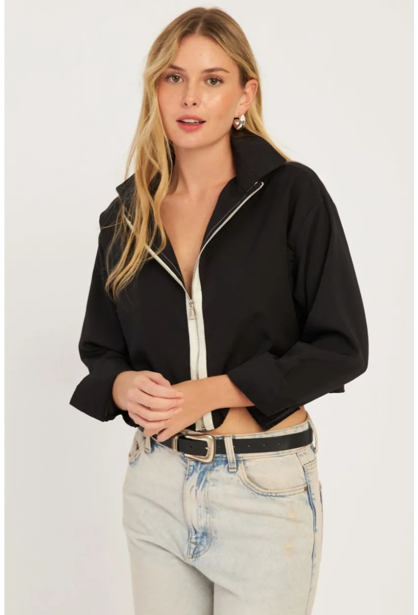 Kadın Siyah Fermuarlı Kısa Gömlek SF2541