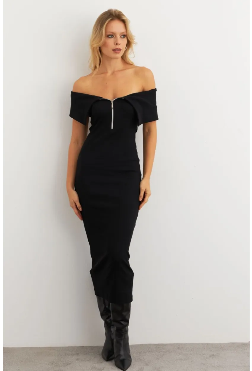 Kadın Siyah Fermuarlı Madonna Yaka Midi Elbise EY3011