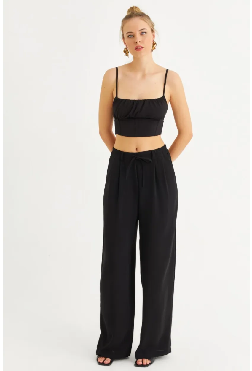 Kadın Siyah Fermuarlı Palazzo Pantolon MON143