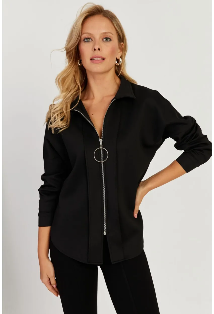 Kadın Siyah Fermuarlı Skuba Gömlek KED5002-90