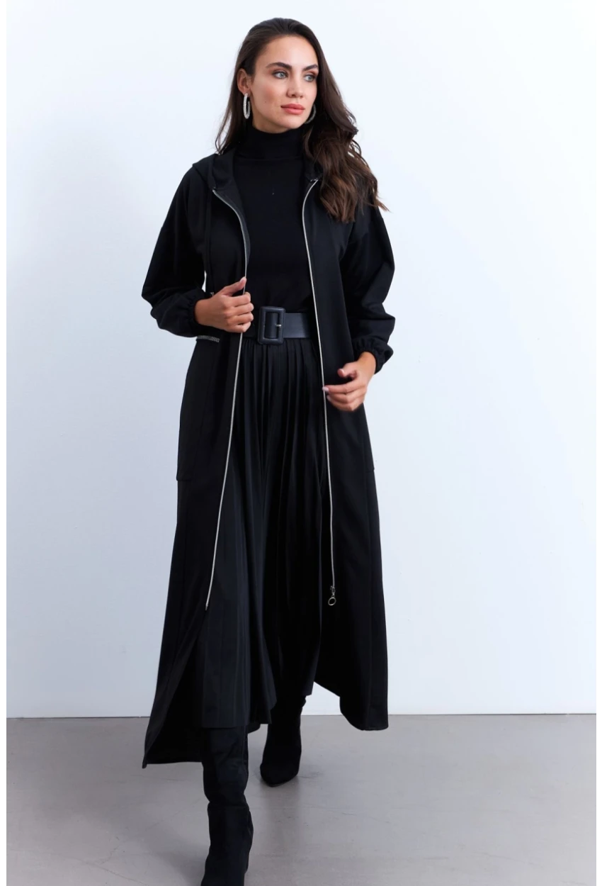 Kadın Siyah Fermuarlı Taşlı Sweat Elbise MASF21