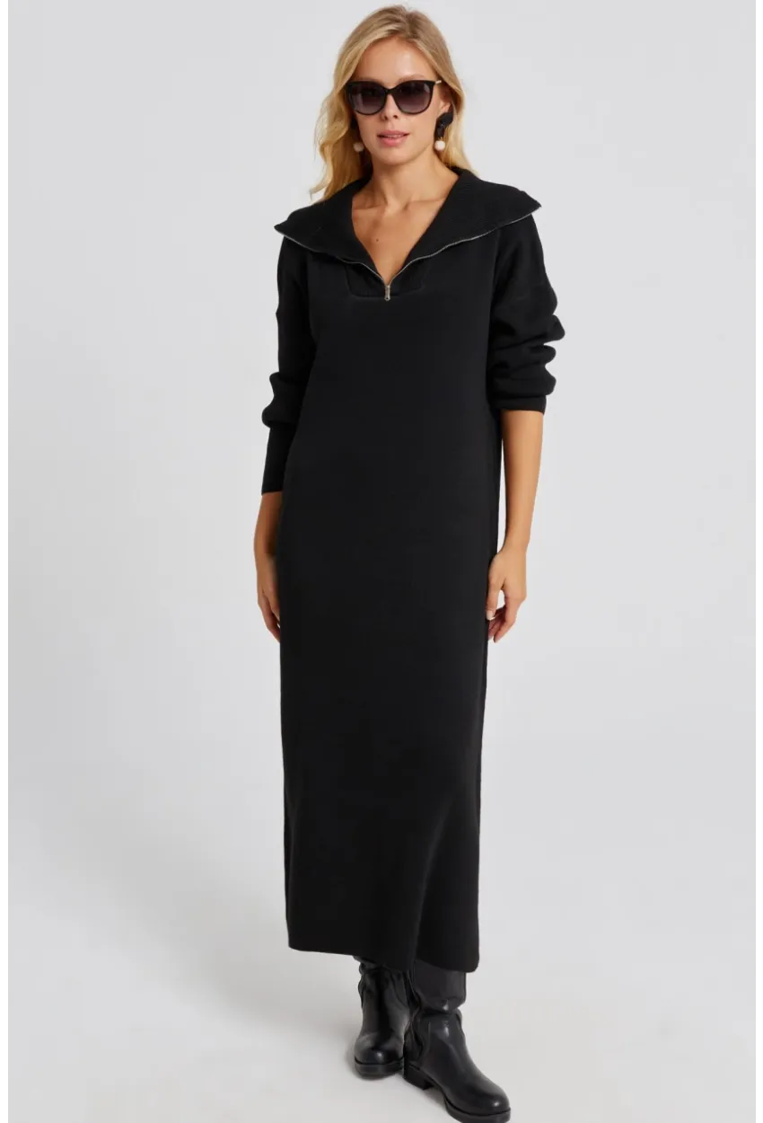 Kadın Siyah Fermuarlı Triko Maxi Elbise SF2525