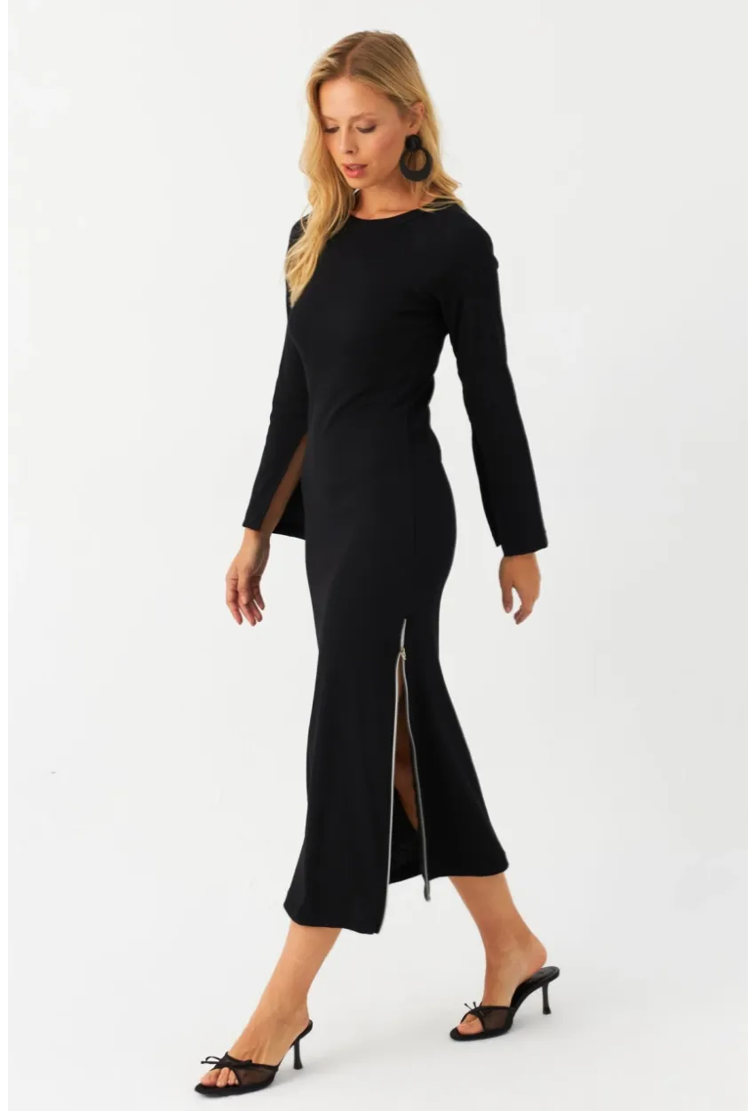 Kadın Siyah Fermuarlı Yırtmaçlı Kaşkorse Midi Elbise EY2990