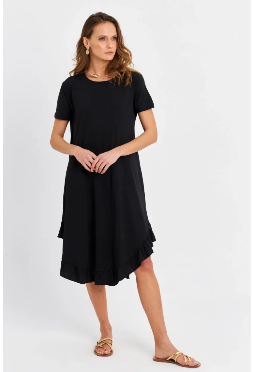 Kadın Siyah Fırfırlı Basic Elbise MALB5005