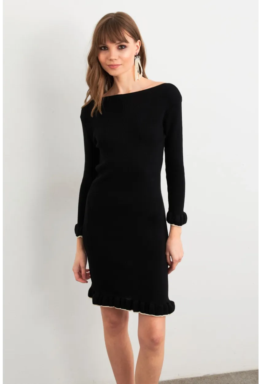Kadın Siyah Fırfırlı Basic Triko Midi Elbise SF2559