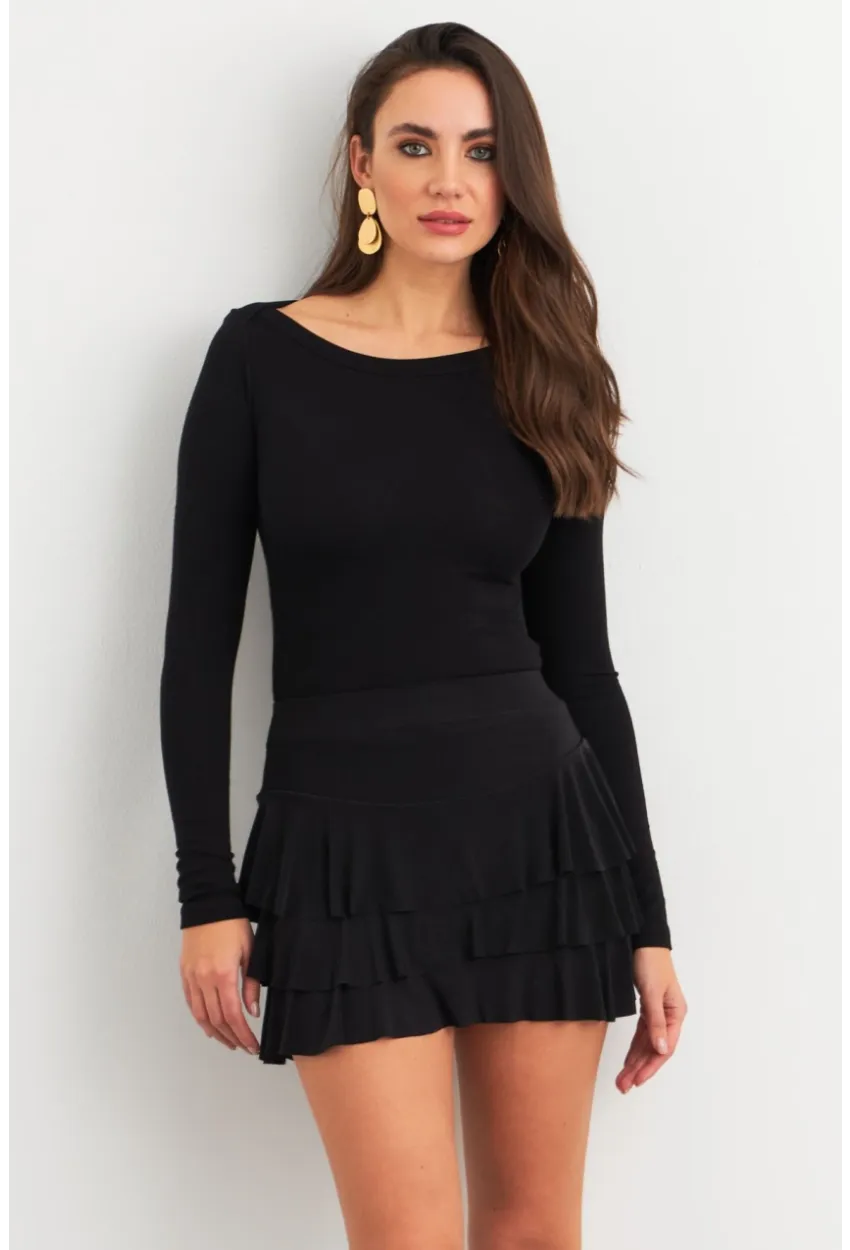 Kadın Siyah Fırfırlı Şort Etek ELT3915
