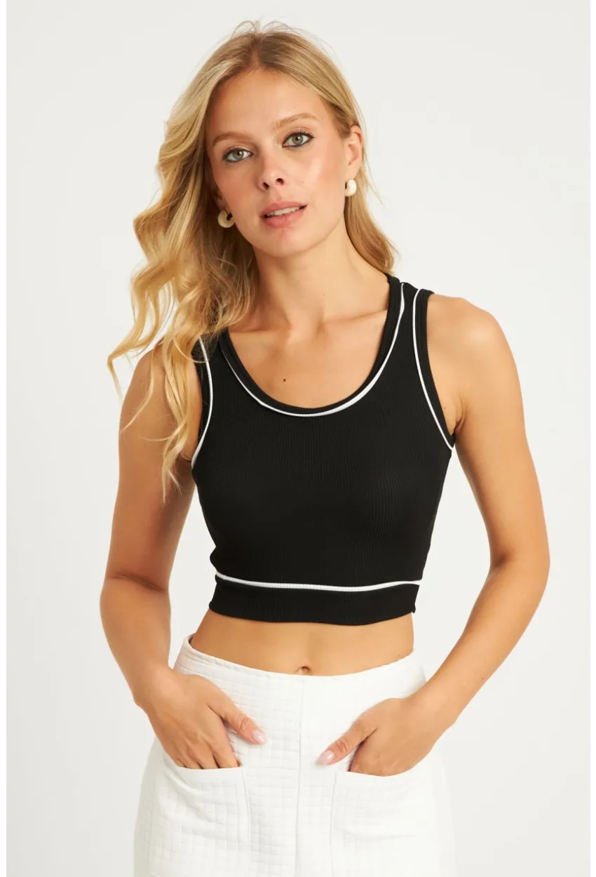 Kadın Siyah Fitilli Crop Bluz CG359