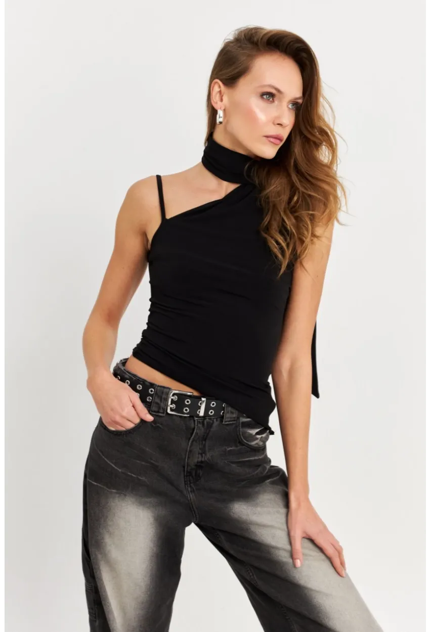 Kadın Siyah Fularlı Asimetrik Bluz HOR0079