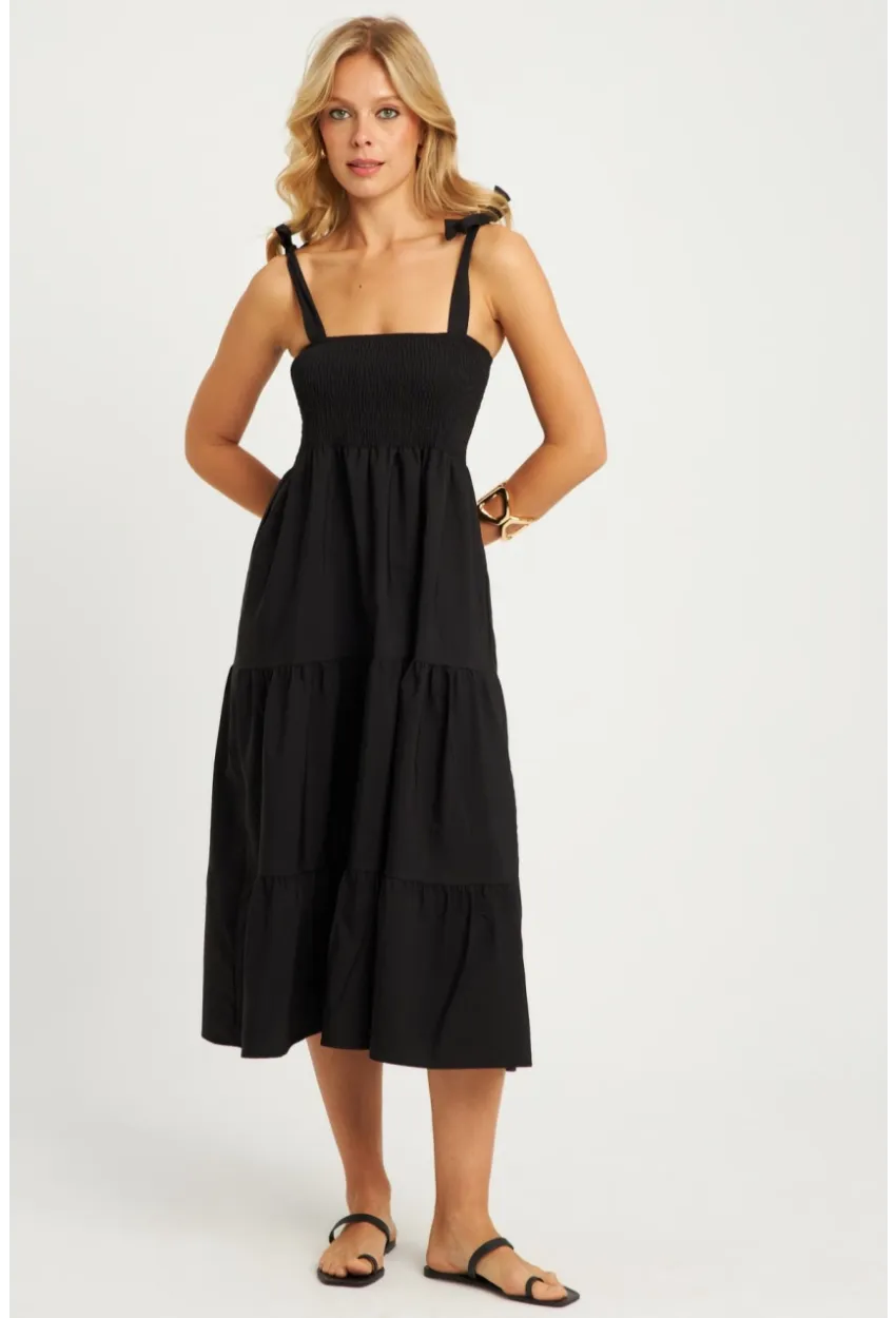 Kadın Siyah Gipeli Volanlı Midi Elbise SGT407