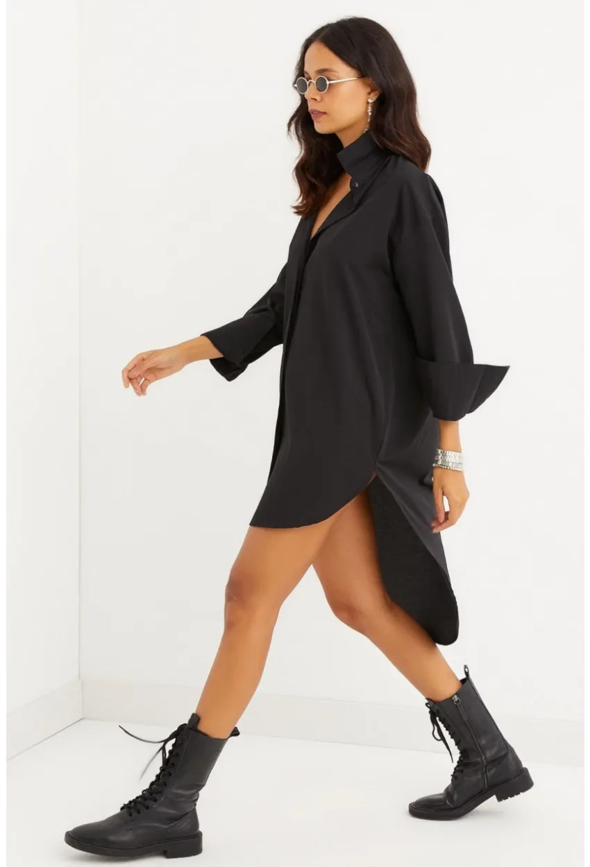 Kadın Siyah Gizli Düğmeli Tunik Gömlek Elbise SF1292