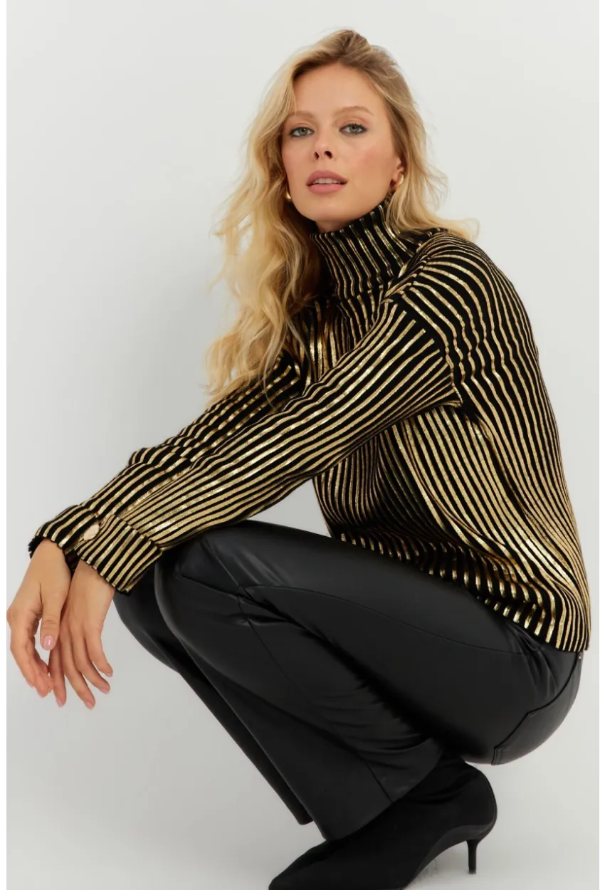 Kadın Siyah-Gold Düğme Detaylı Varaklı Triko Kazak SF2532
