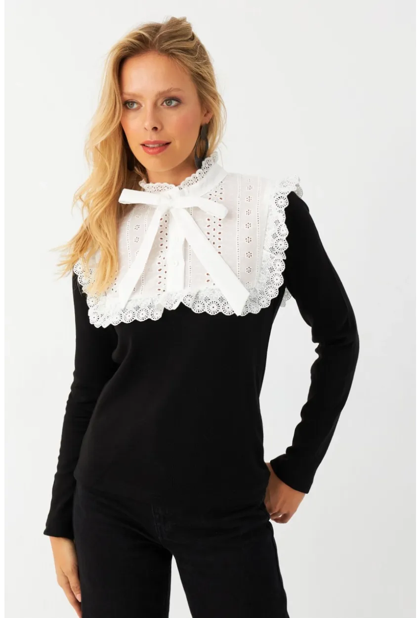 Kadın Siyah Gömlek Bloklu Triko Bluz MQS2117
