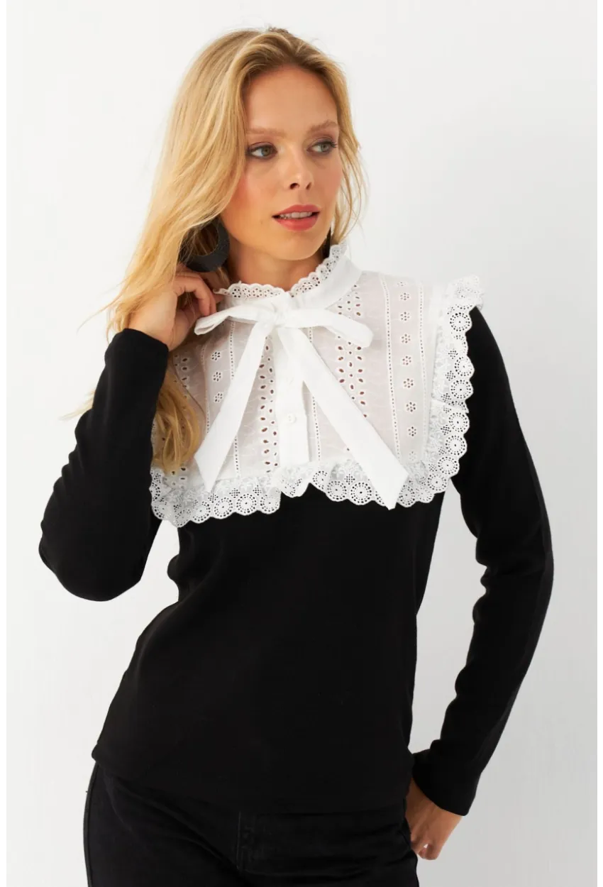 Kadın Siyah Gömlek Bloklu Triko Bluz MQS2117