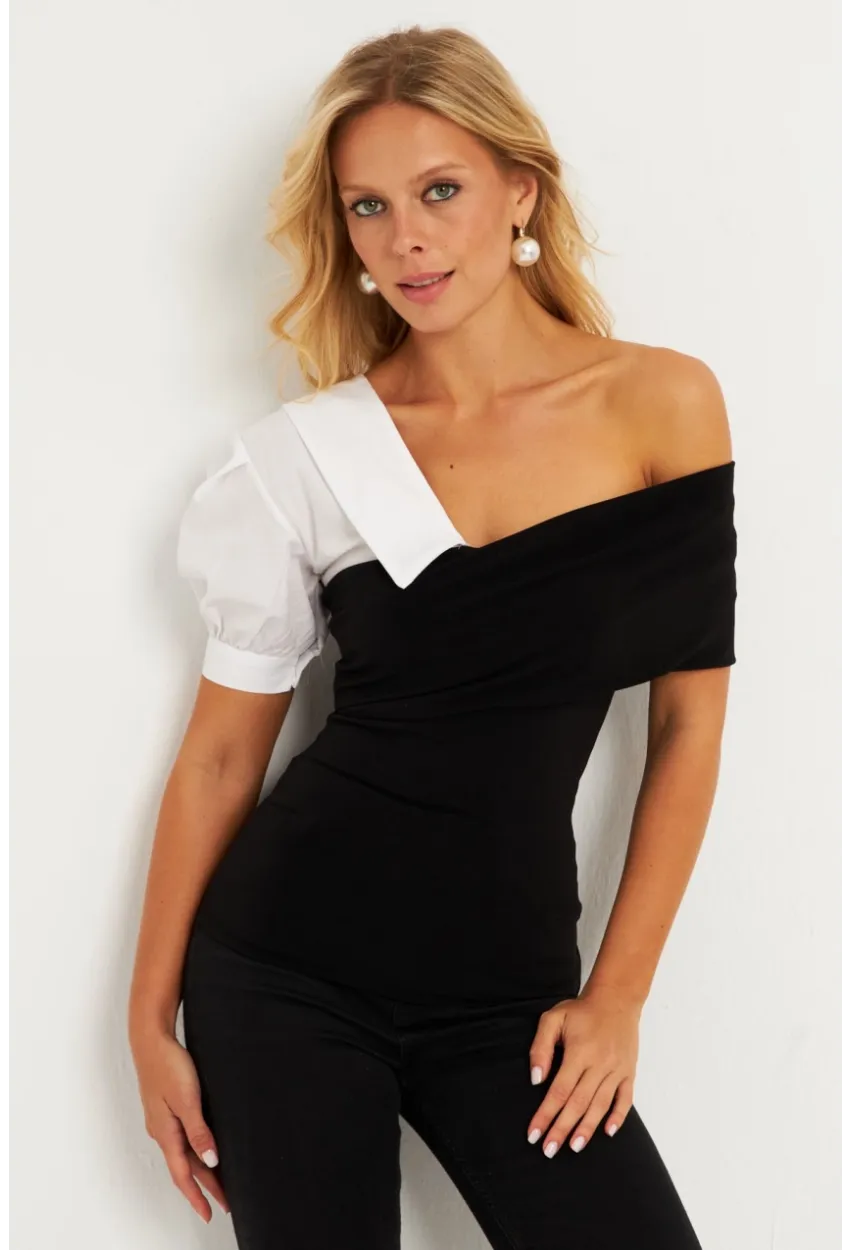 Kadın Siyah Gömlek Detaylı Bluz MEN2055