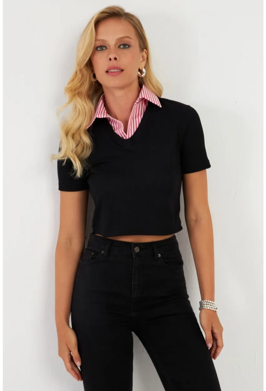 Kadın Siyah Gömlek Yaka Bluz MK19